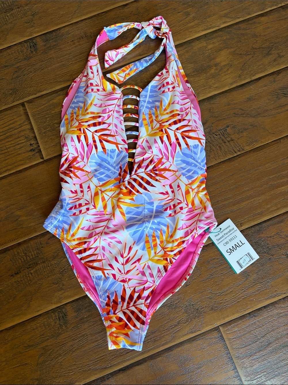 NWT Heat Pink Tropical One-Piece Swimsuit with Ladder Front - Size Small